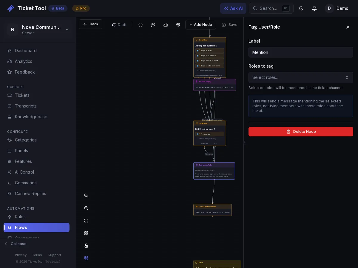 The AI support agent flow with the Mention node's role selected