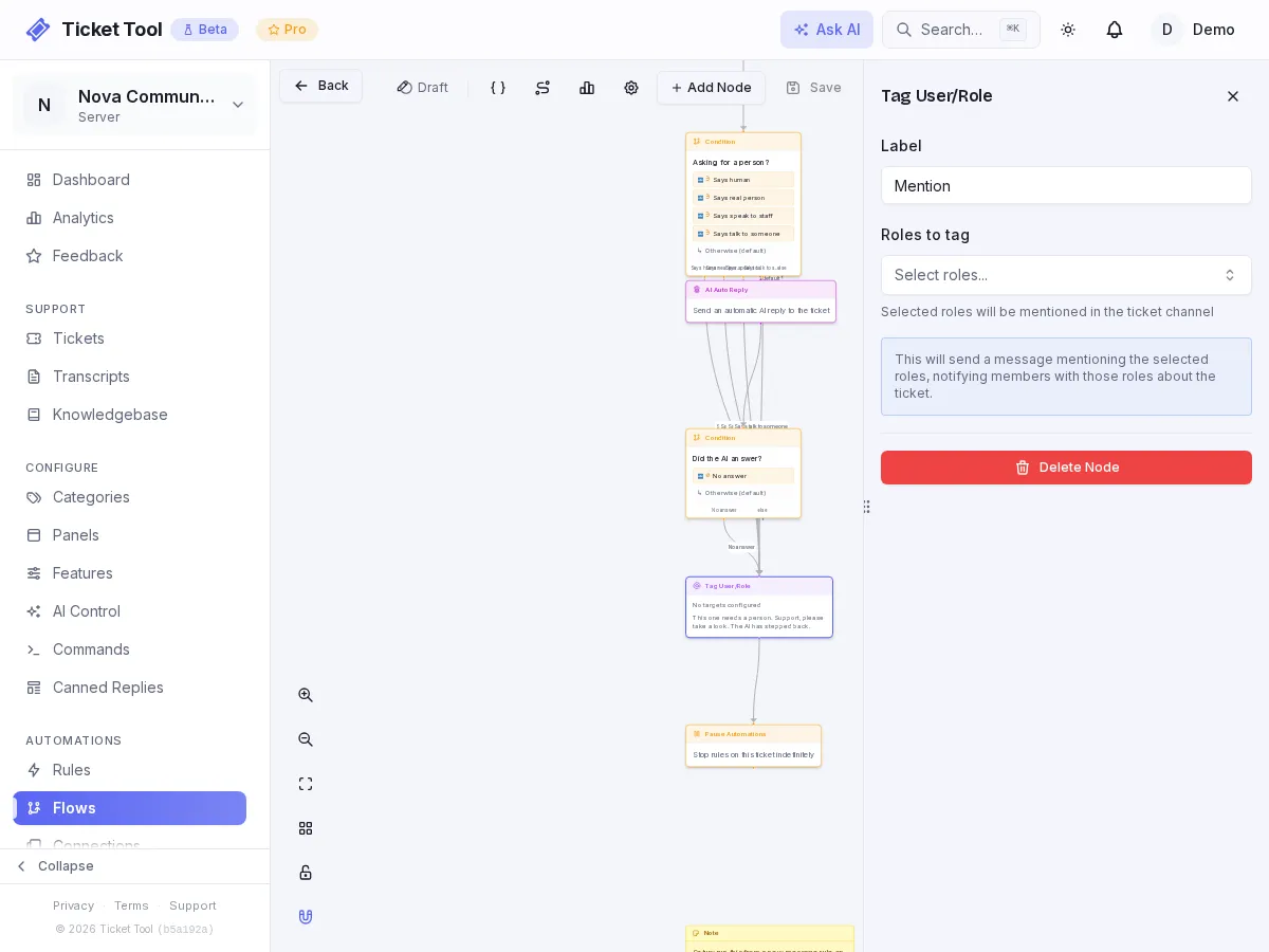 The AI support agent flow with the Mention node's role selected