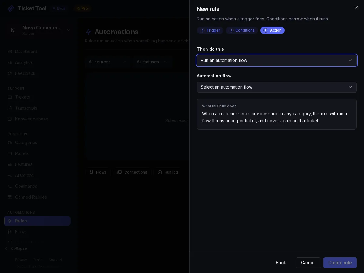 The rule with its two conditions and Run an automation flow action