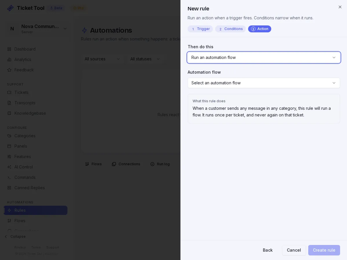 The rule with its two conditions and Run an automation flow action