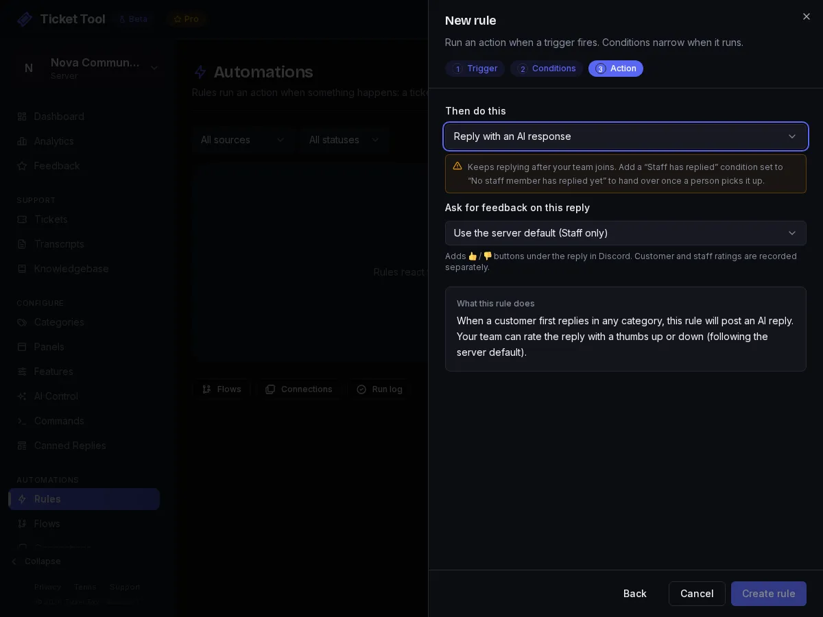 An automation rule with the When a customer first replies trigger and the AI reply action