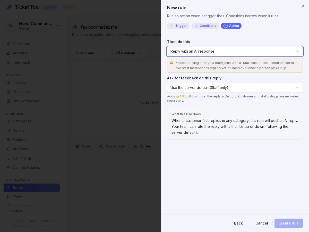 An automation rule with the When a customer first replies trigger and the AI reply action