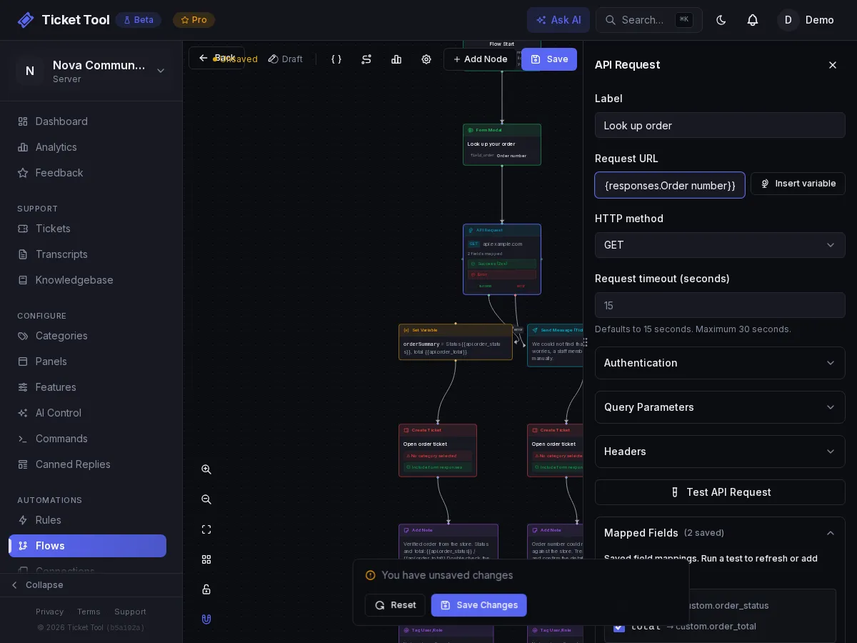 The API Request node with the URL, method and two field mappings filled in