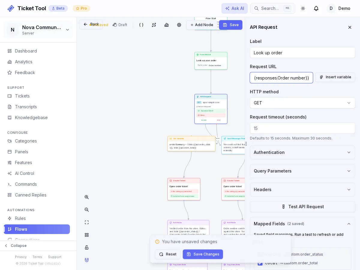 The API Request node with the URL, method and two field mappings filled in
