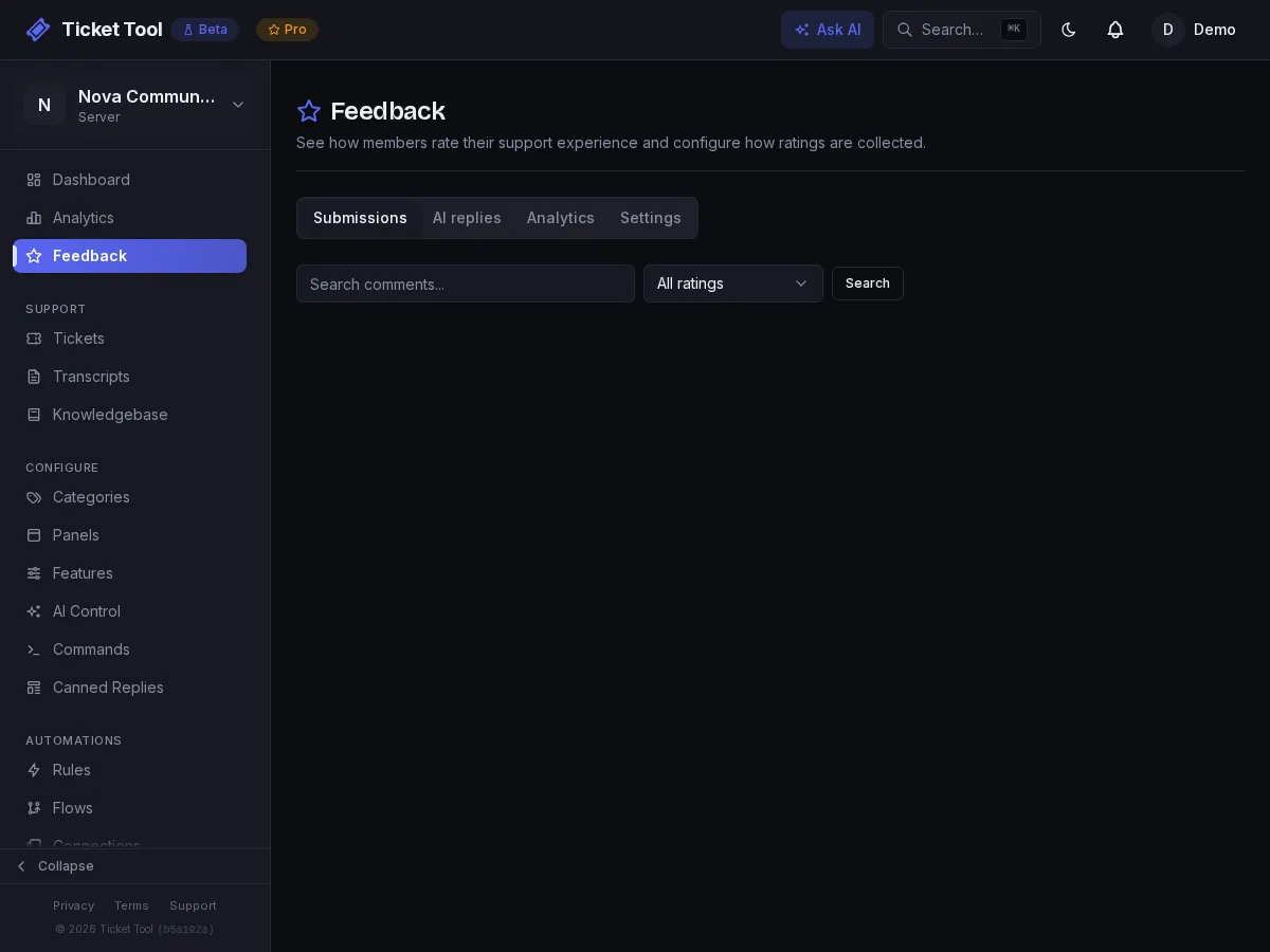 The Feedback page showing recent ratings