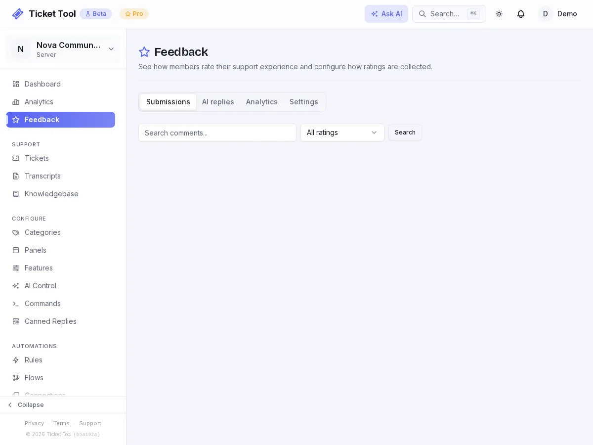 The Feedback page showing recent ratings