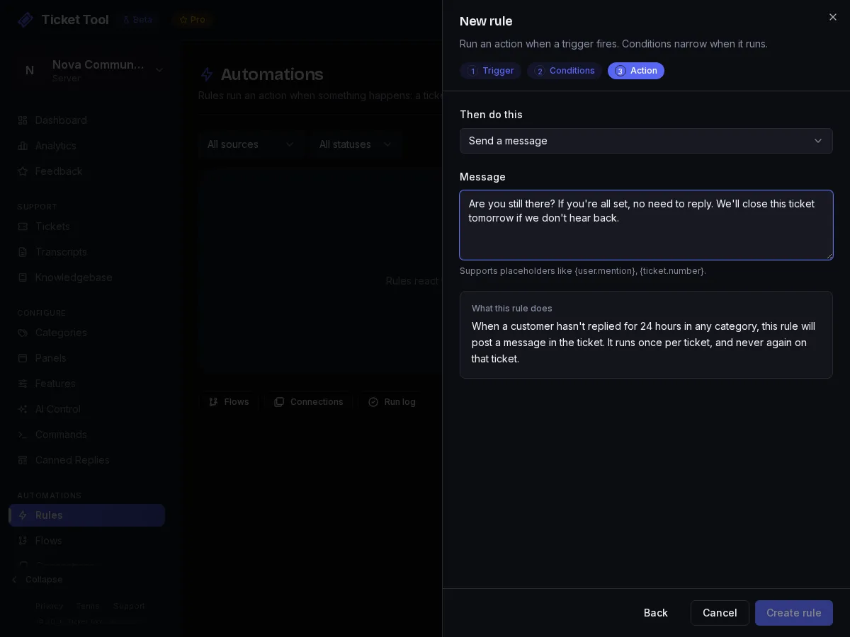 A rule with the After customer inactivity trigger and a Send a message action