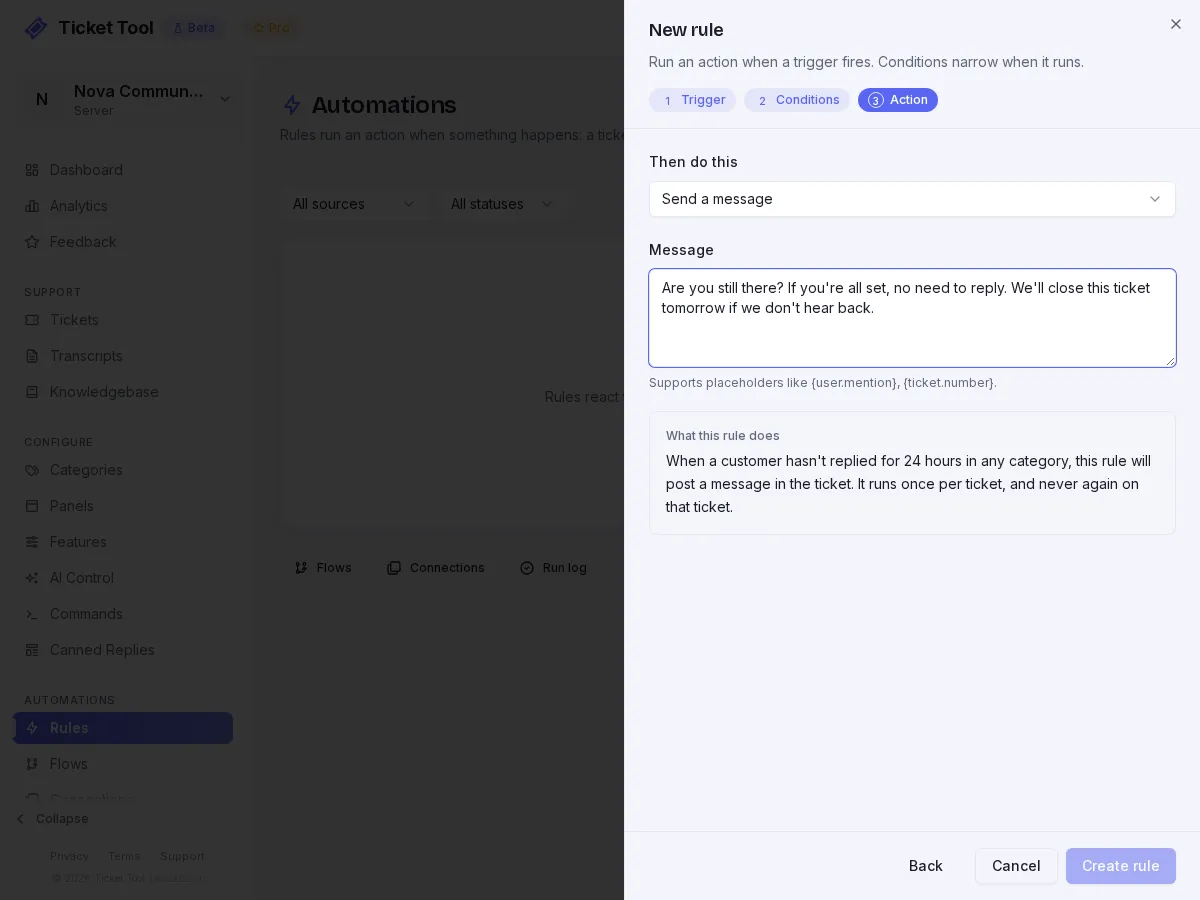 A rule with the After customer inactivity trigger and a Send a message action