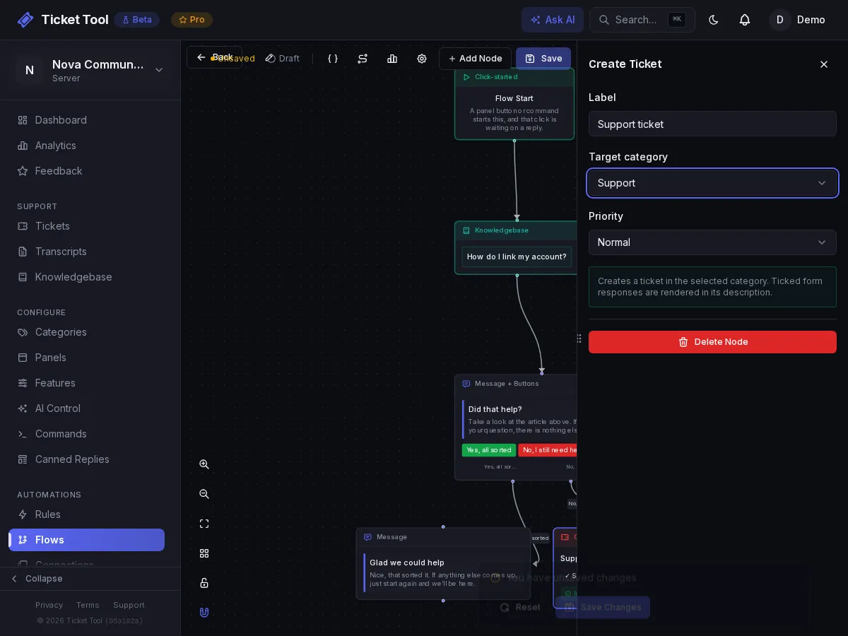 The FAQ flow with the article and ticket category filled in