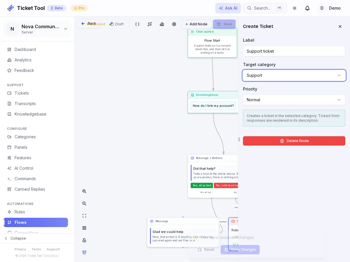 The FAQ flow with the article and ticket category filled in
