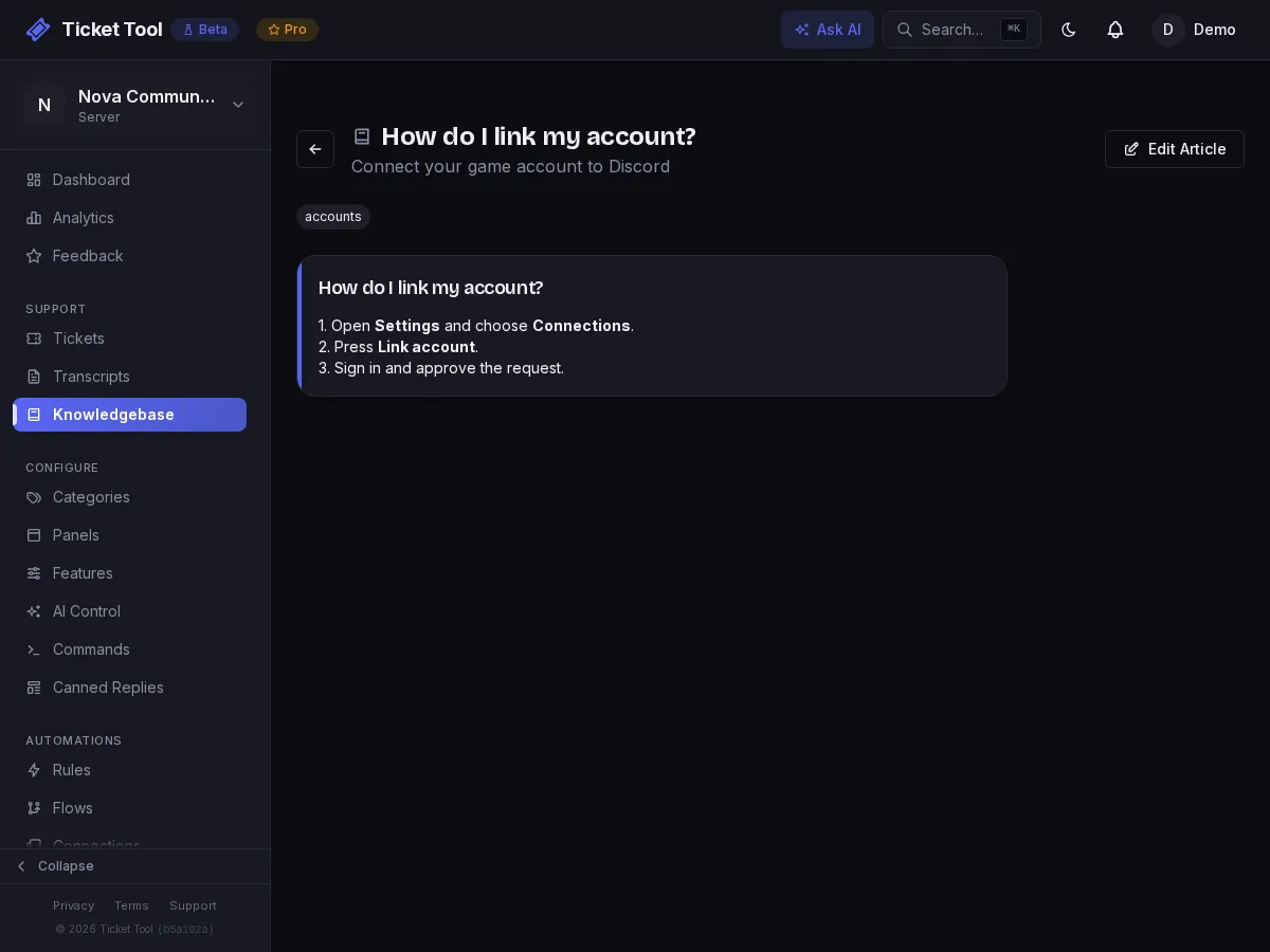 The knowledgebase editor with a published article