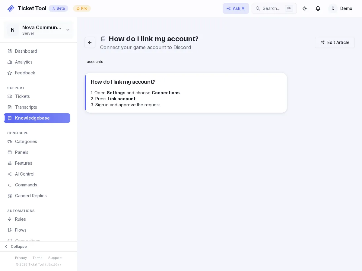 The knowledgebase editor with a published article