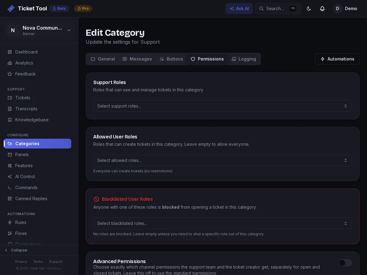 A category's Permissions tab with a support role added