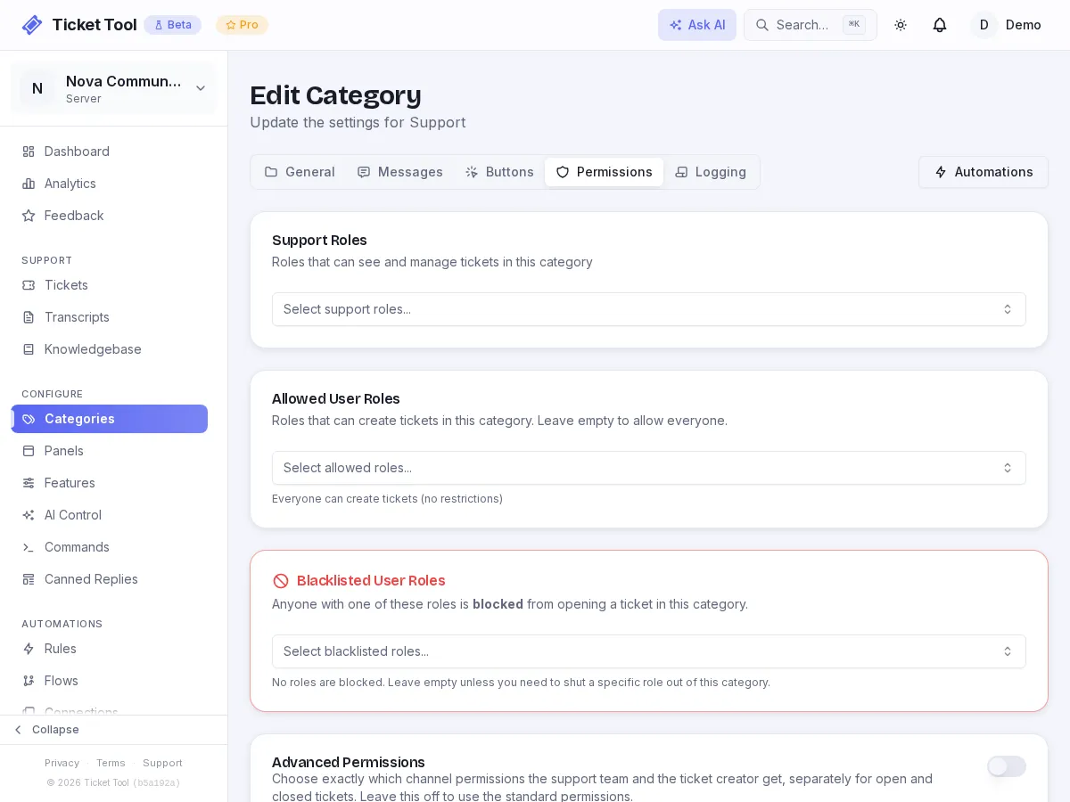 A category's Permissions tab with a support role added