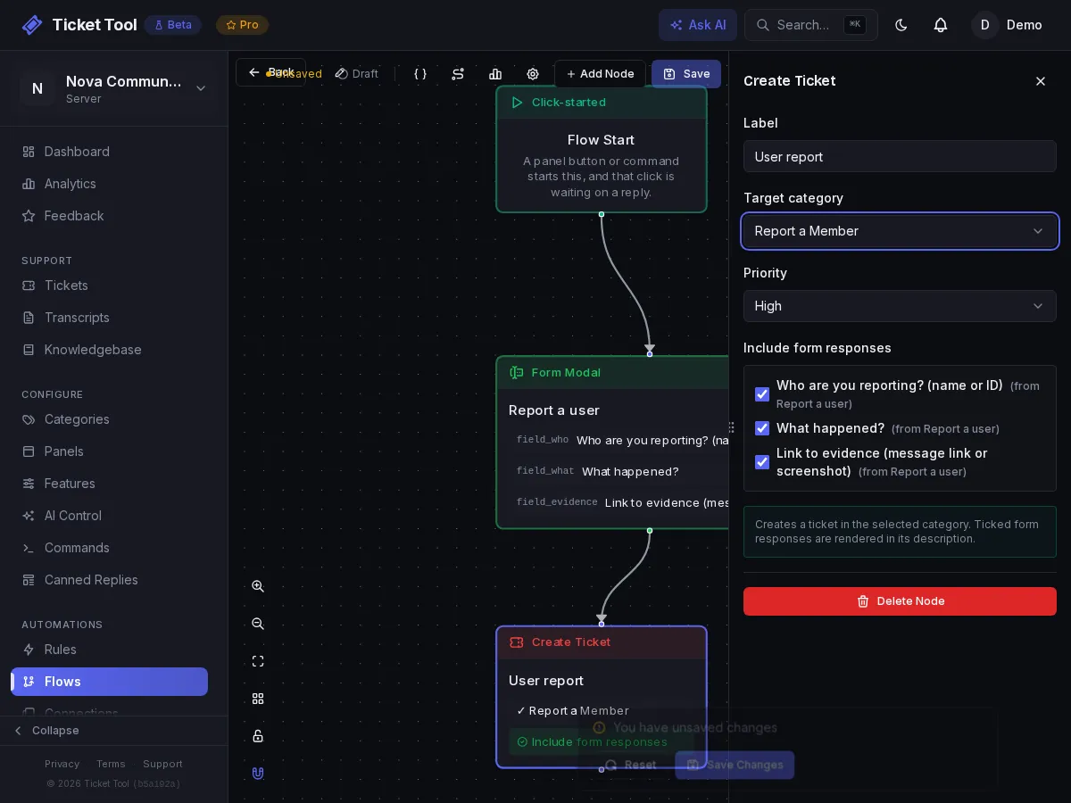 The Report a user flow with the private category selected