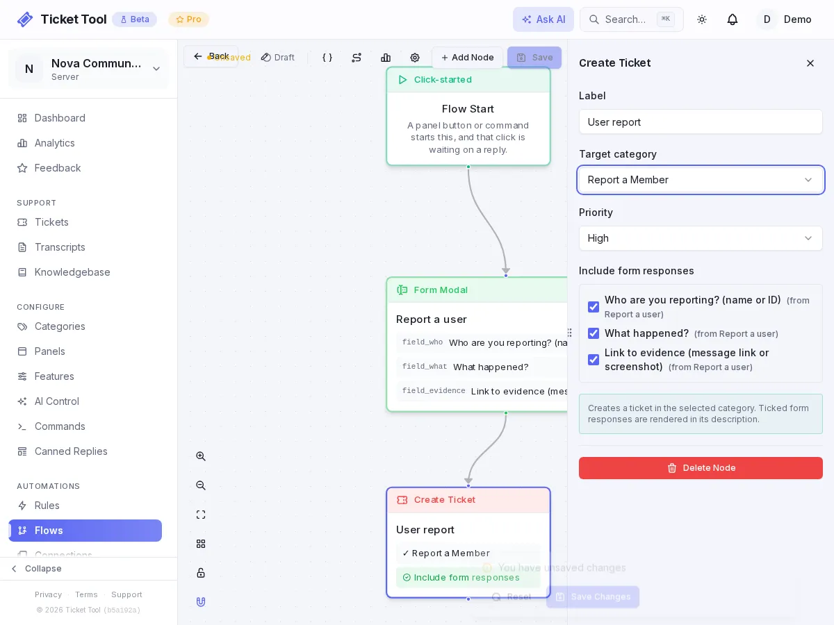 The Report a user flow with the private category selected