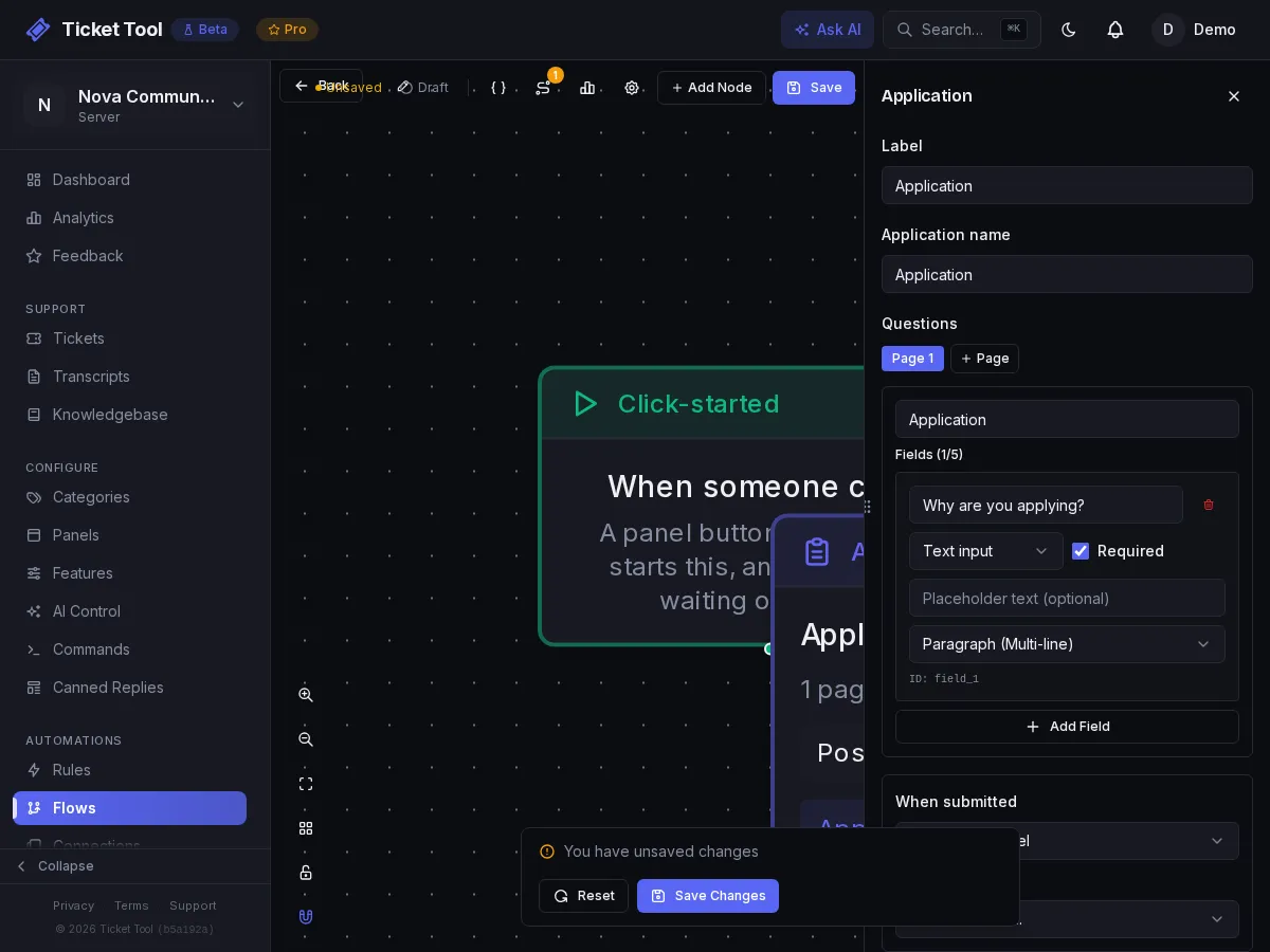 The Application node editor with questions, destination and approver roles filled in