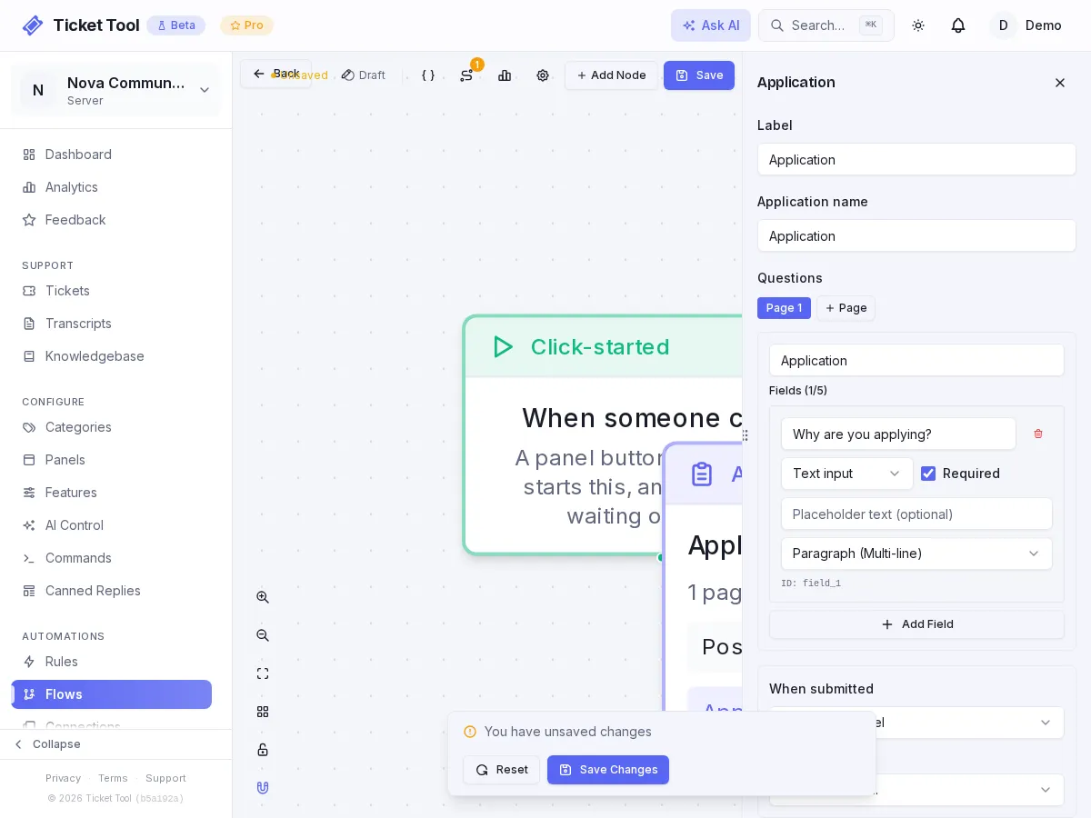 The Application node editor with questions, destination and approver roles filled in