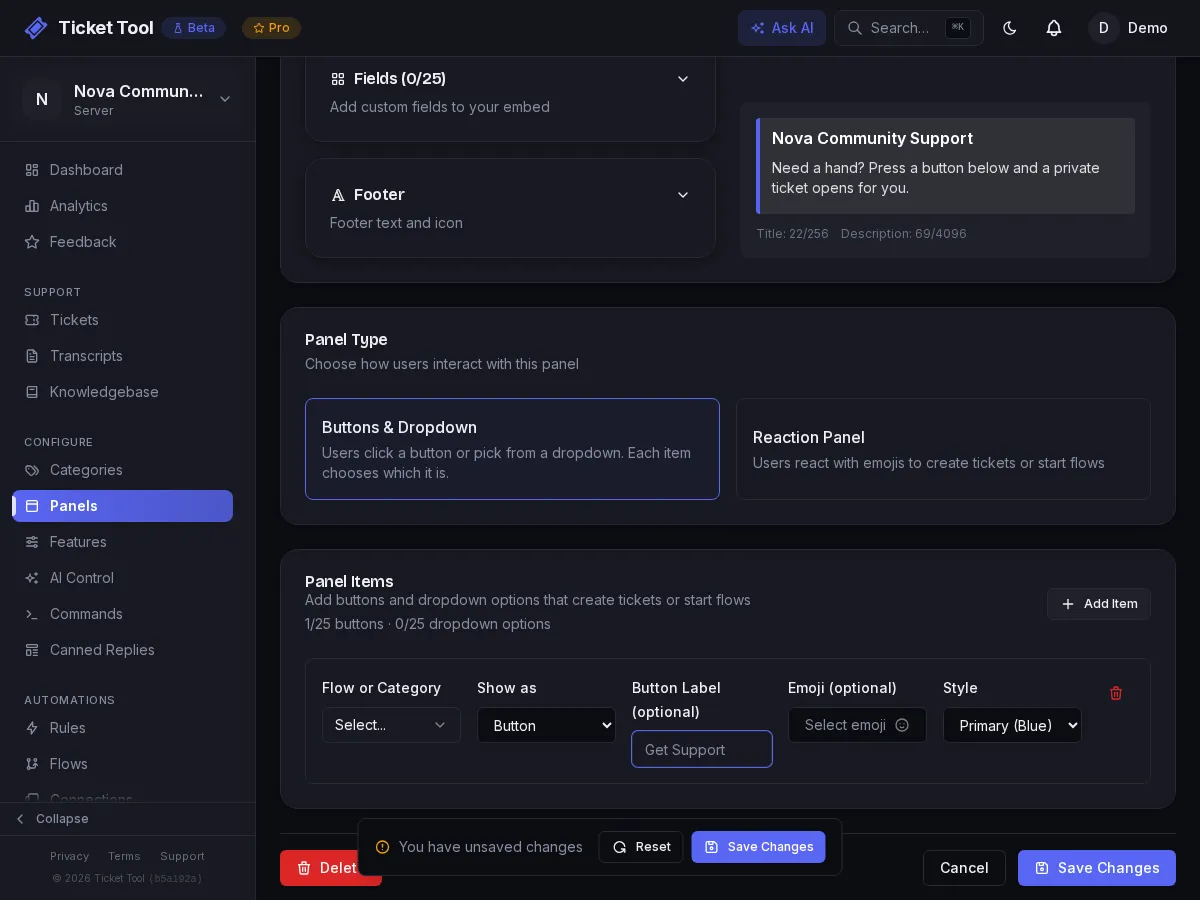 The panel editor with a button set to run the Staff application flow