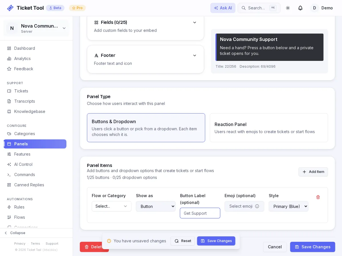 The panel editor with a button set to run the Staff application flow